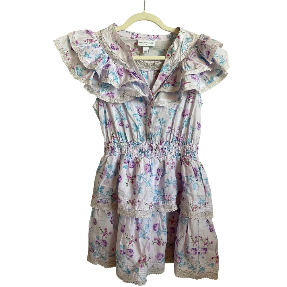 LoveShackFancy Target Floral Ruffle Lace Tiered Mini Dress Purple White Small